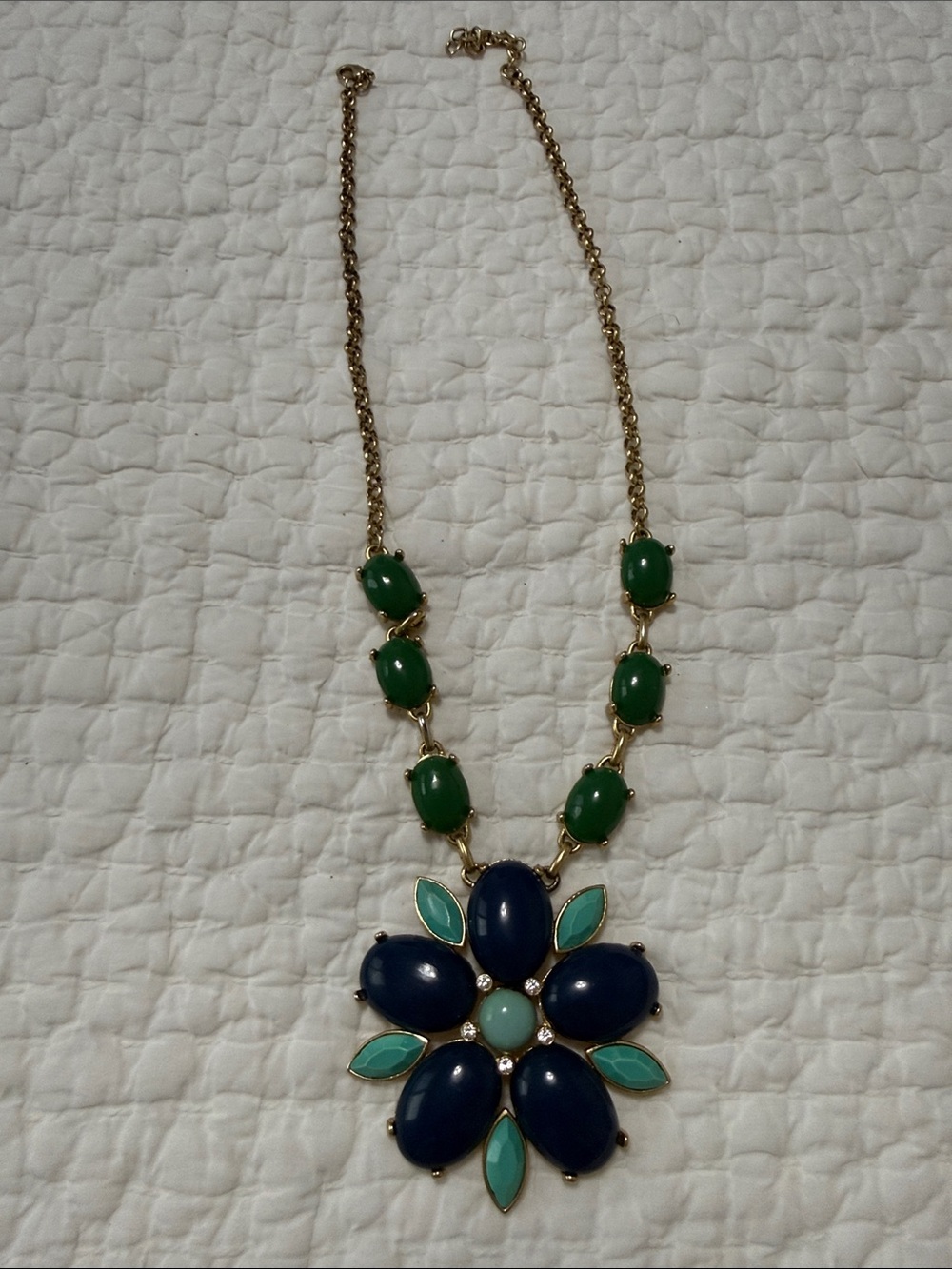 Gold-Tone Flower Pendant Necklace with Navy and Teal Stones